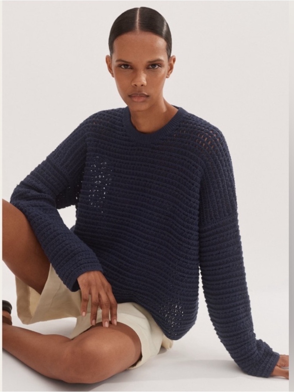 ME+EM Navy Chunky Cotton Knit Open Weave Sweater Size Small 100% Cotton